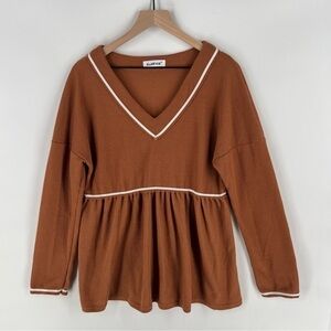 EoMENIE Womens Size L Waffle Knit V-Neck Long Sleeve Swing‎ Top